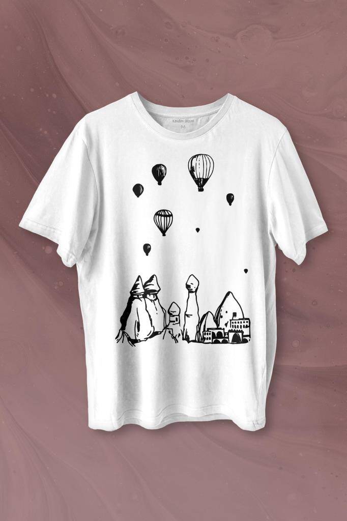 Kapadokya Nevşehir Peri Bacaları Cappadocia Baskılı Tişört Unisex T-shirt - 1