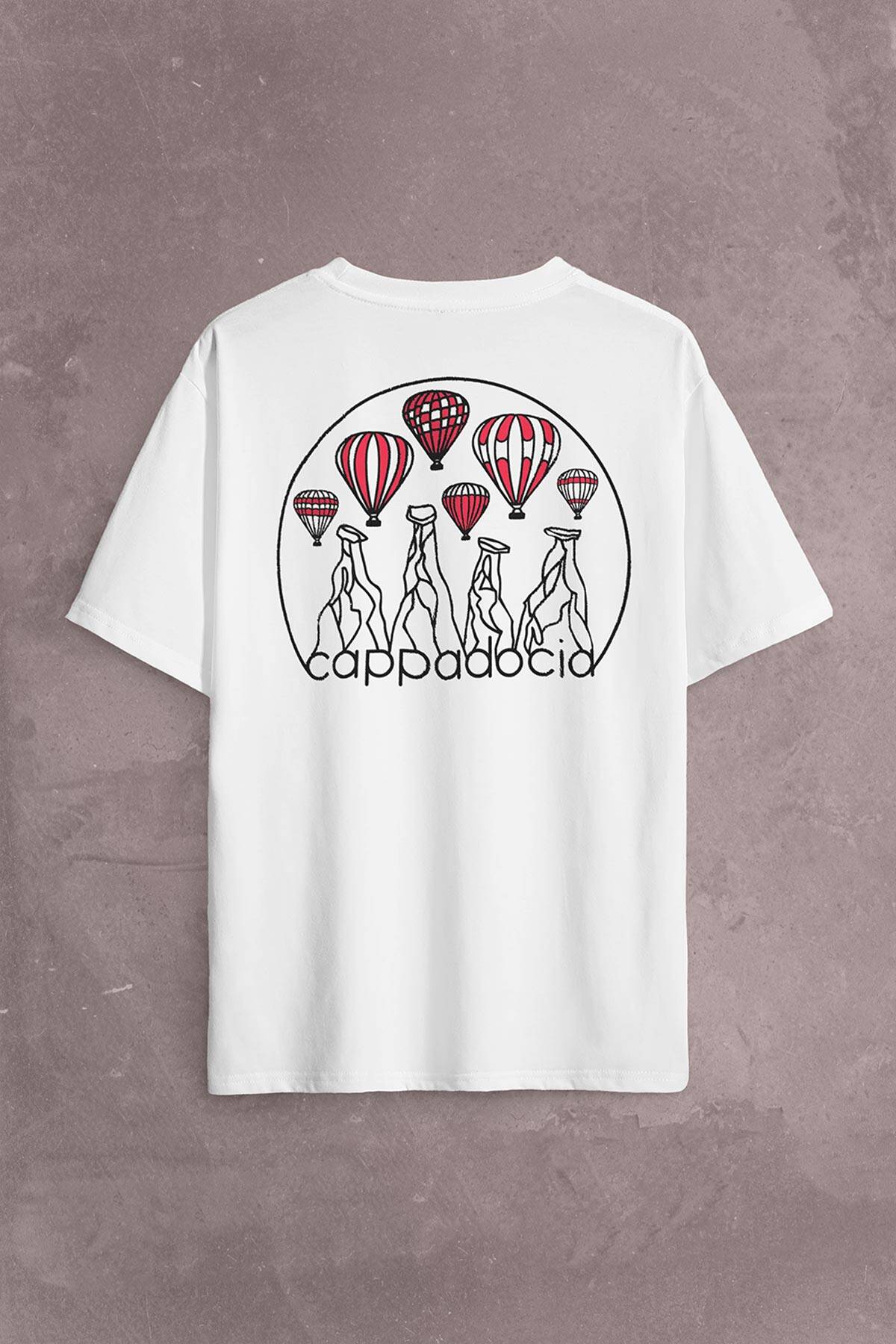 Kapadokya Nevşehir Peri Pacaları Cappadocia Sırt Ön Baskılı Oversize Tişört Unisex T-Shirt - 1