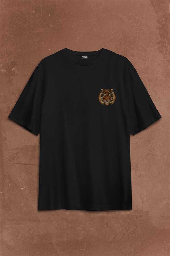 Kaplan Ay Dolunay Moon Tiger Sırt Ön Baskılı Oversize Tişört Unisex T-Shirt - 1