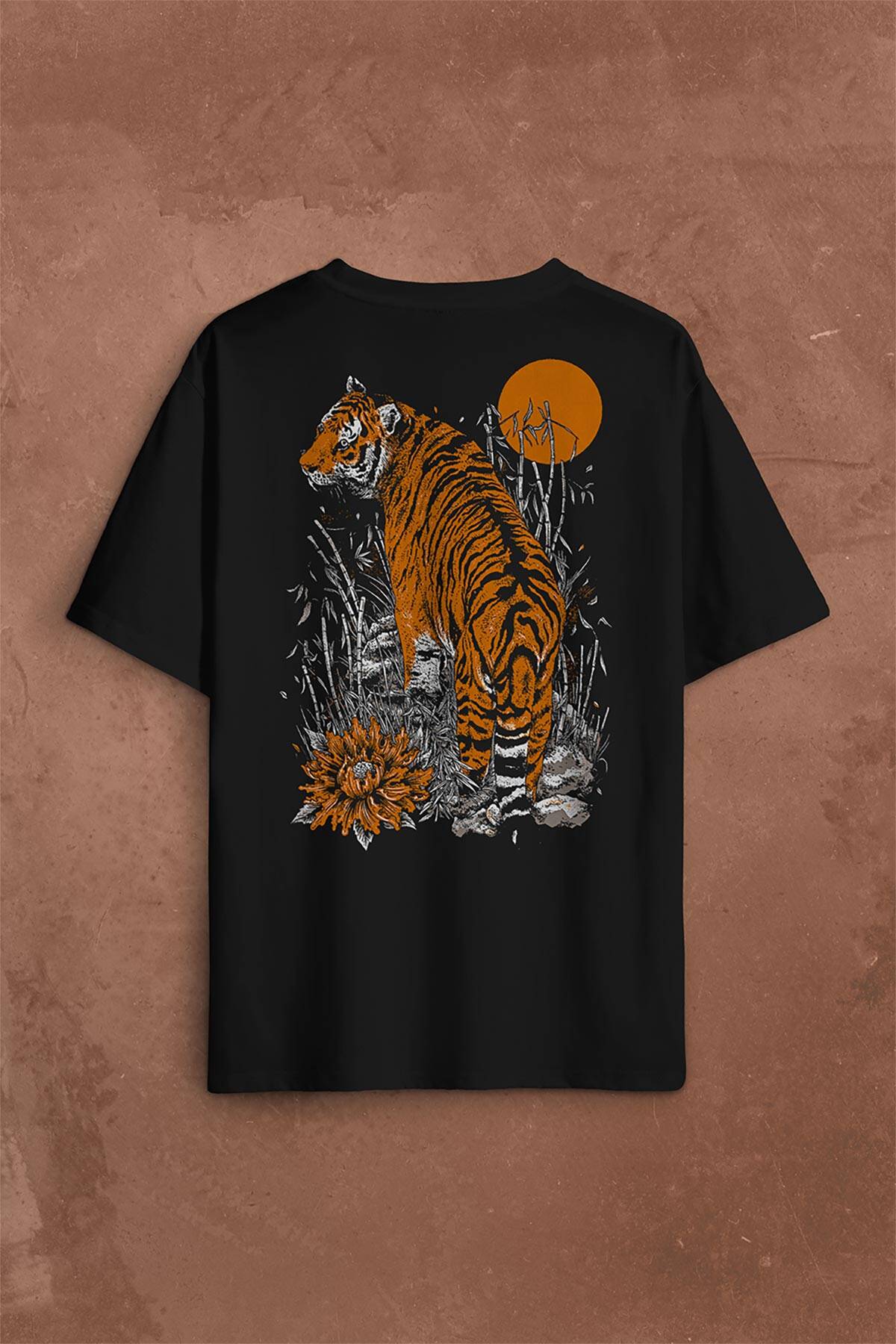 Kaplan Ay Dolunay Moon Tiger Sırt Ön Baskılı Oversize Tişört Unisex T-Shirt - 2