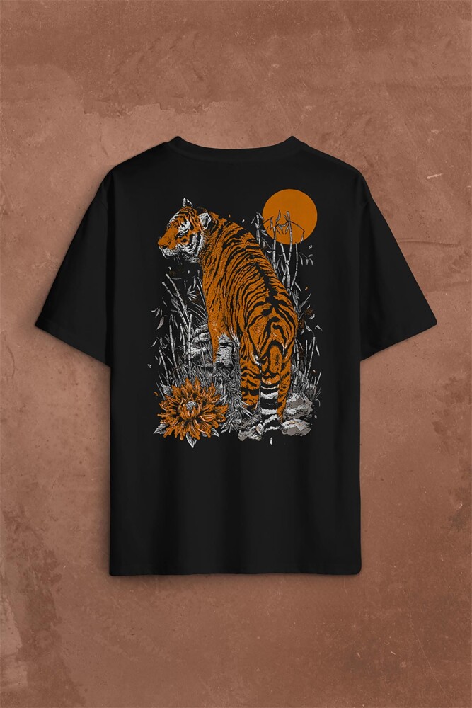 Kaplan Ay Dolunay Moon Tiger Sırt Ön Baskılı Oversize Tişört Unisex T-Shirt (1)