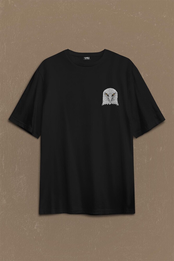 Black Oversize T-shirt Kara Kartal Eagle Tasarım Sırt Ön Baskılı Tişört Unisex T-Shirt - 1