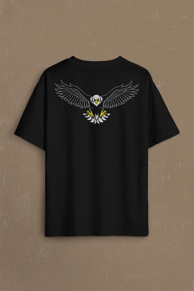 Black Oversize T-shirt Kara Kartal Eagle Tasarım Sırt Ön Baskılı Tişört Unisex T-Shirt - 2