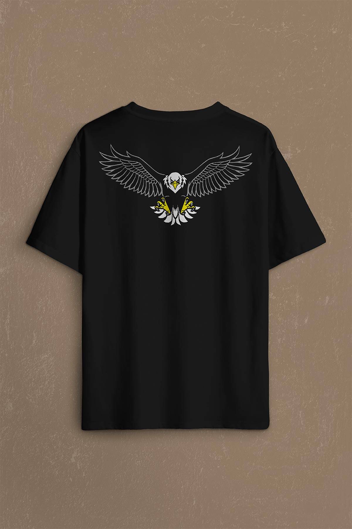 Black Oversize T-shirt Kara Kartal Eagle Tasarım Sırt Ön Baskılı Tişört Unisex T-Shirt (1)
