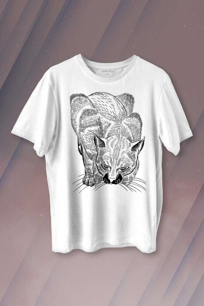 Kara Kedi Silüet Çizim Black Cat Bıyıklı Baskılı Tişört Unisex T-shirt - 1