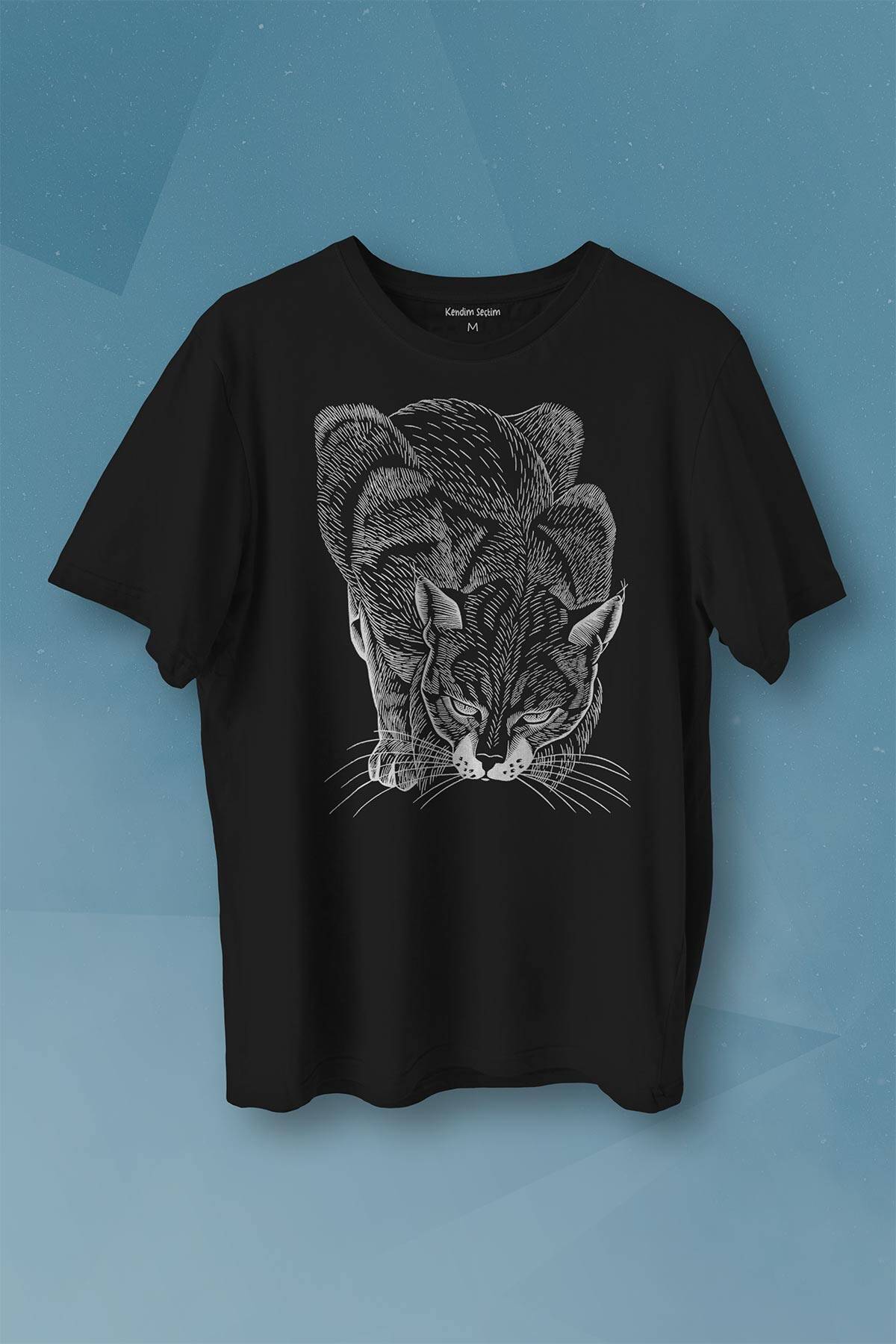 Kara Kedi Silüet Çizim Black Cat Bıyıklı Baskılı Tişört Unisex T-shirt - 1