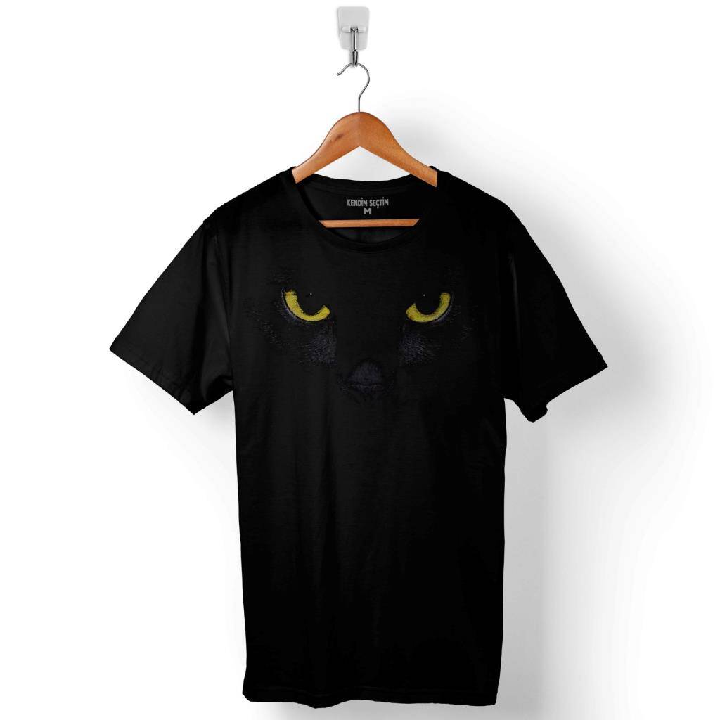 Kara Kedi Silüet Tasarım Göz Black Cat Eye 2 Baskılı Tişört Unisex T-Shirt - 1