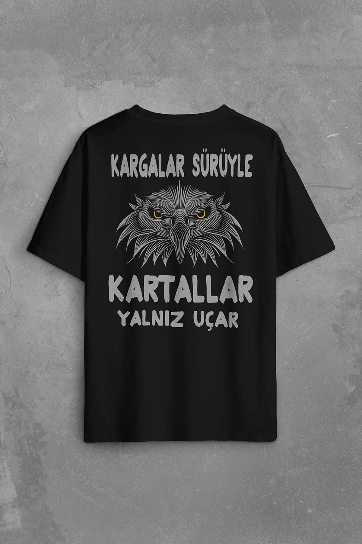 Black Oversize T-shirt Eagles Fly Alone Kartallar Yalnız Uçar Sırt Ön Baskılı Oversize Tişört (1)