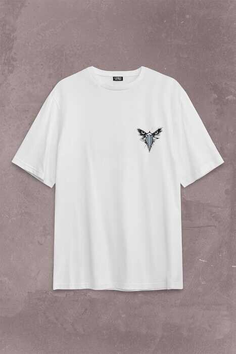 Beyaz Unisex Oversize T-shirt Kargalar Sürüyle Kartallar Yalnız Uçar Sırt Ön Baskılı Tişört - 1