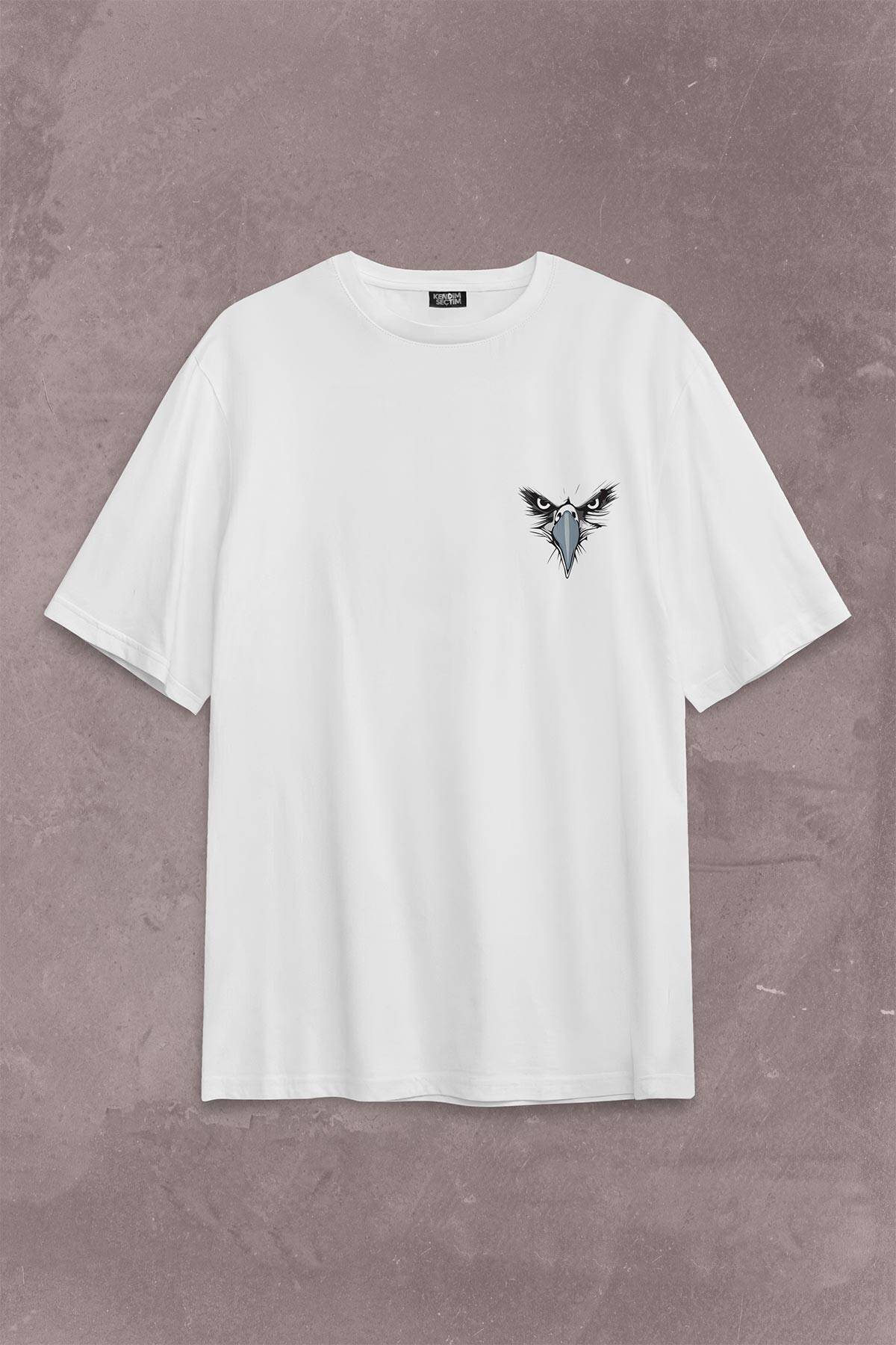 Beyaz Unisex Oversize T-shirt Kargalar Sürüyle Kartallar Yalnız Uçar Sırt Ön Baskılı Tişört - 1