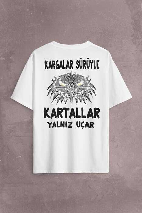 White Oversize T-shirt Eagle Kartallar Yalnız Uçar Sırt Ön Baskılı Tişört Unisex T-Shirt - 1