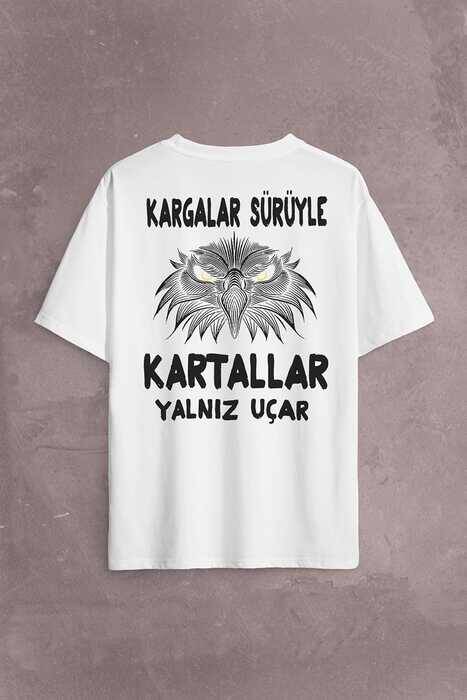 White Oversize T-shirt Eagle Kartallar Yalnız Uçar Sırt Ön Baskılı Tişört Unisex T-Shirt - 1