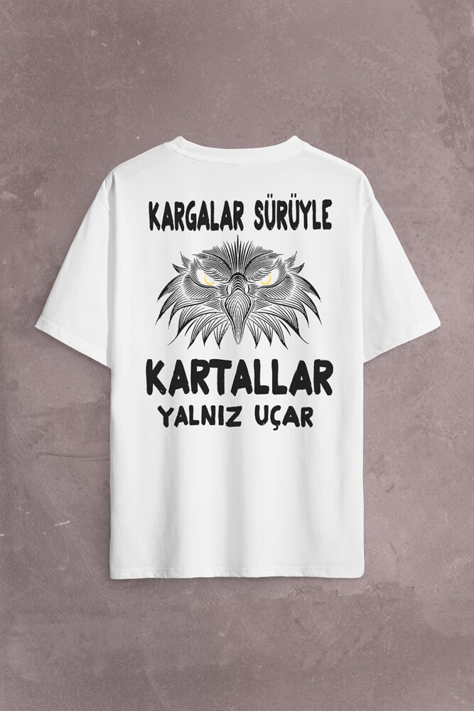 White Oversize T-shirt Eagle Kartallar Yalnız Uçar Sırt Ön Baskılı Tişört Unisex T-Shirt - 1