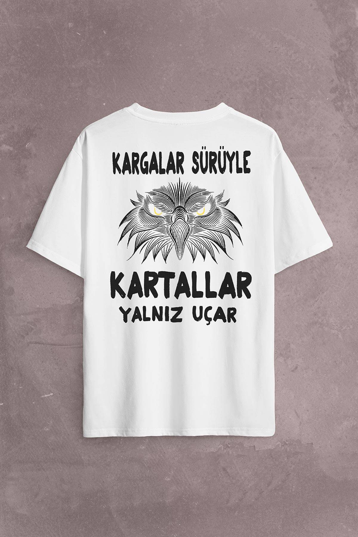 White Oversize T-shirt Eagle Kartallar Yalnız Uçar Sırt Ön Baskılı Tişört Unisex T-Shirt - 1
