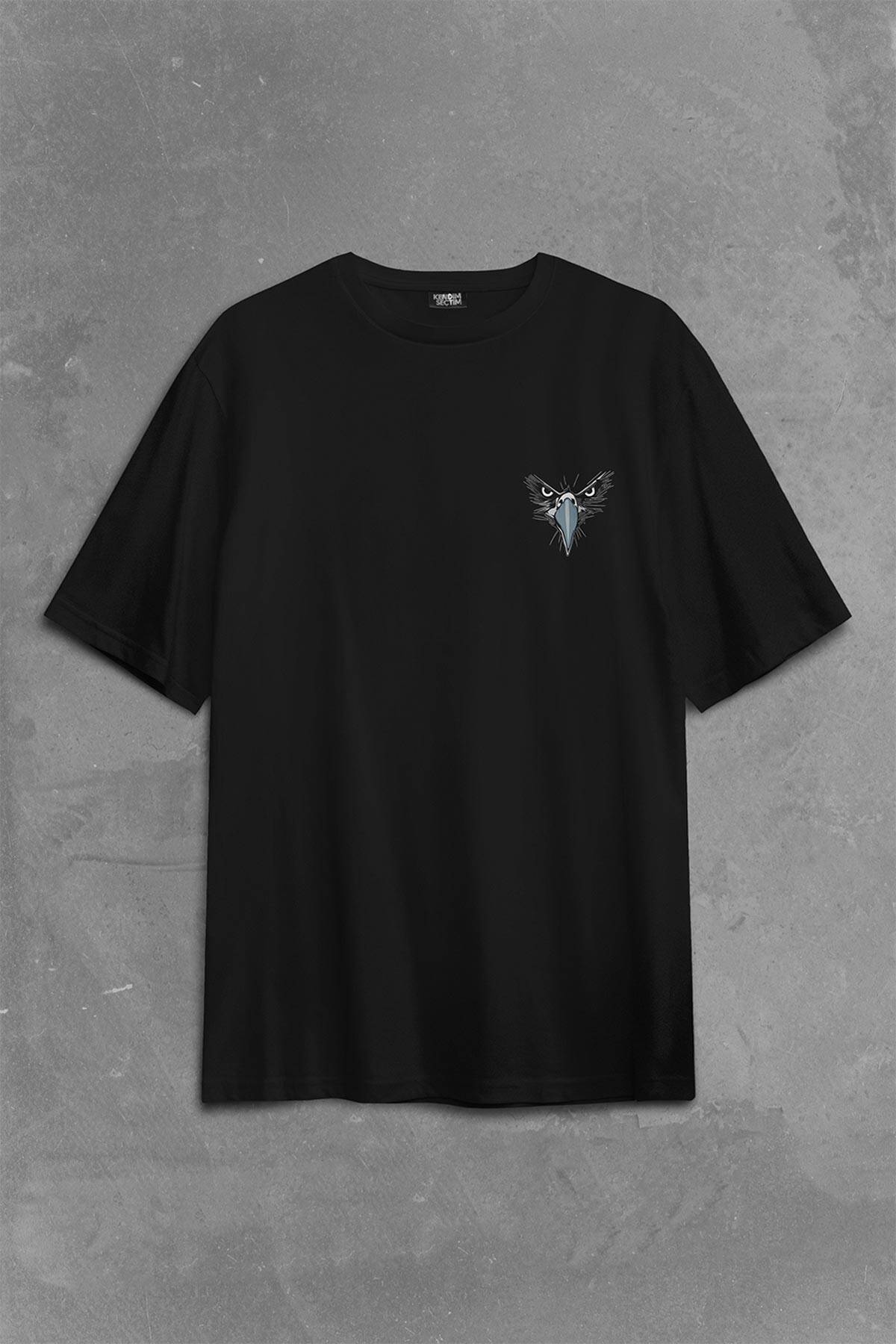 Siyah Unisex T-Shirt Kargalar Sürüyle Kartallar Yalnız Uçar Yazı Baskılı Oversize Tişört - 2