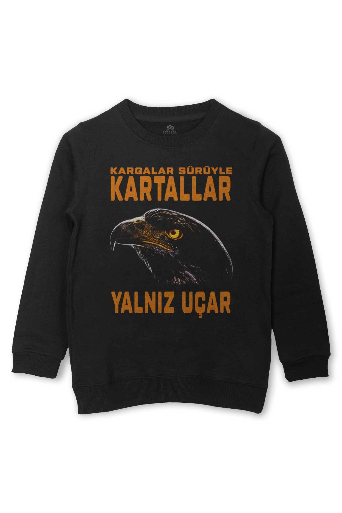 Kargalar Sürüyle Kartallar Yalnız Uçar Kartal Kafa Baskılı Çocuk Sweatshirt Siyah Sweat - 1