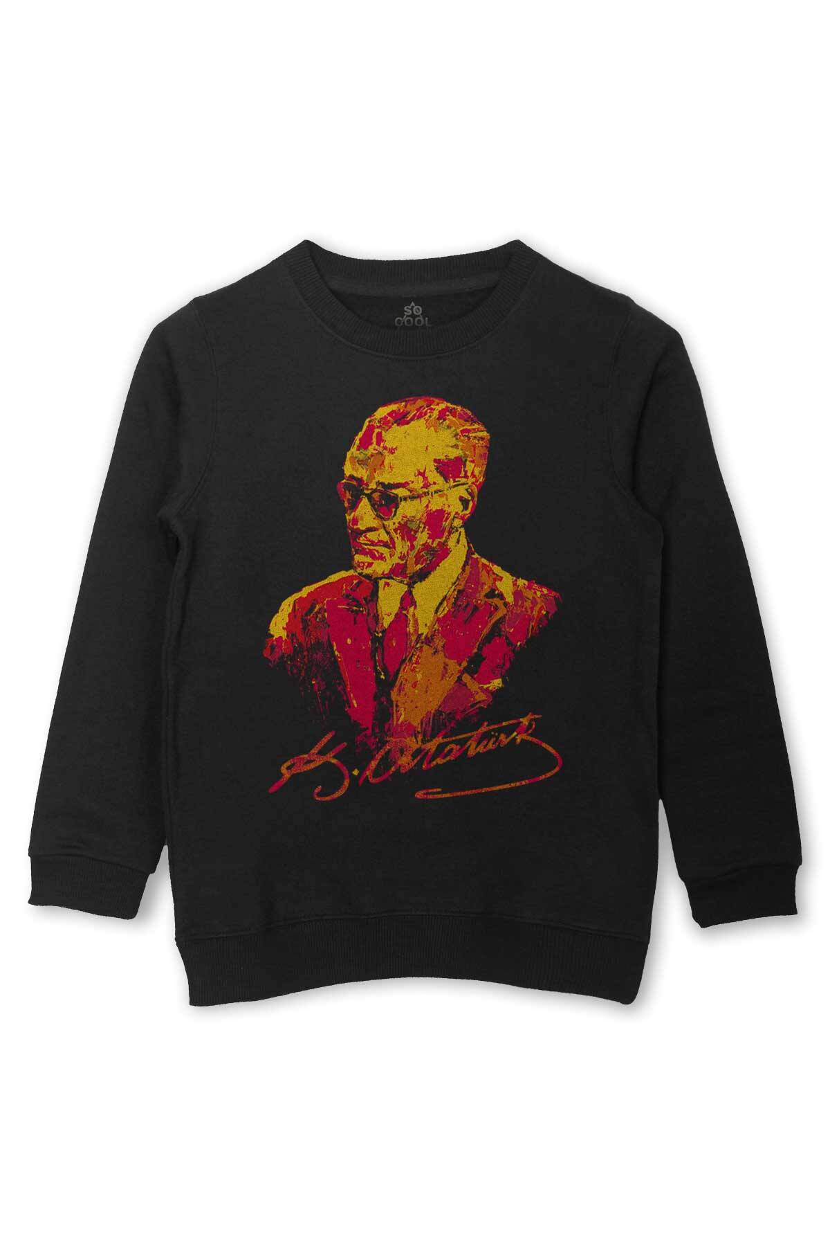 Karizma Gözlüklü Atatürk Sarı Kırmızı Baskılı Çocuk Sweatshirt Siyah Sweat - 1