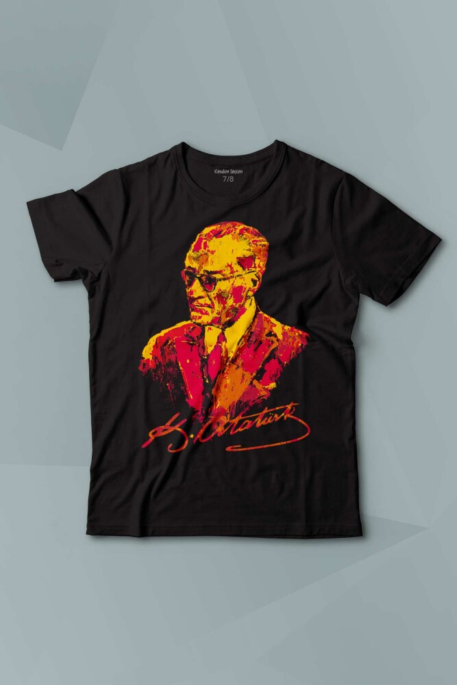 Karizma Gözlüklü Atatürk Sarı Kırmızı Baskılı Çocuk Tişört Kısa Kollu - KENDİM SEÇTİM