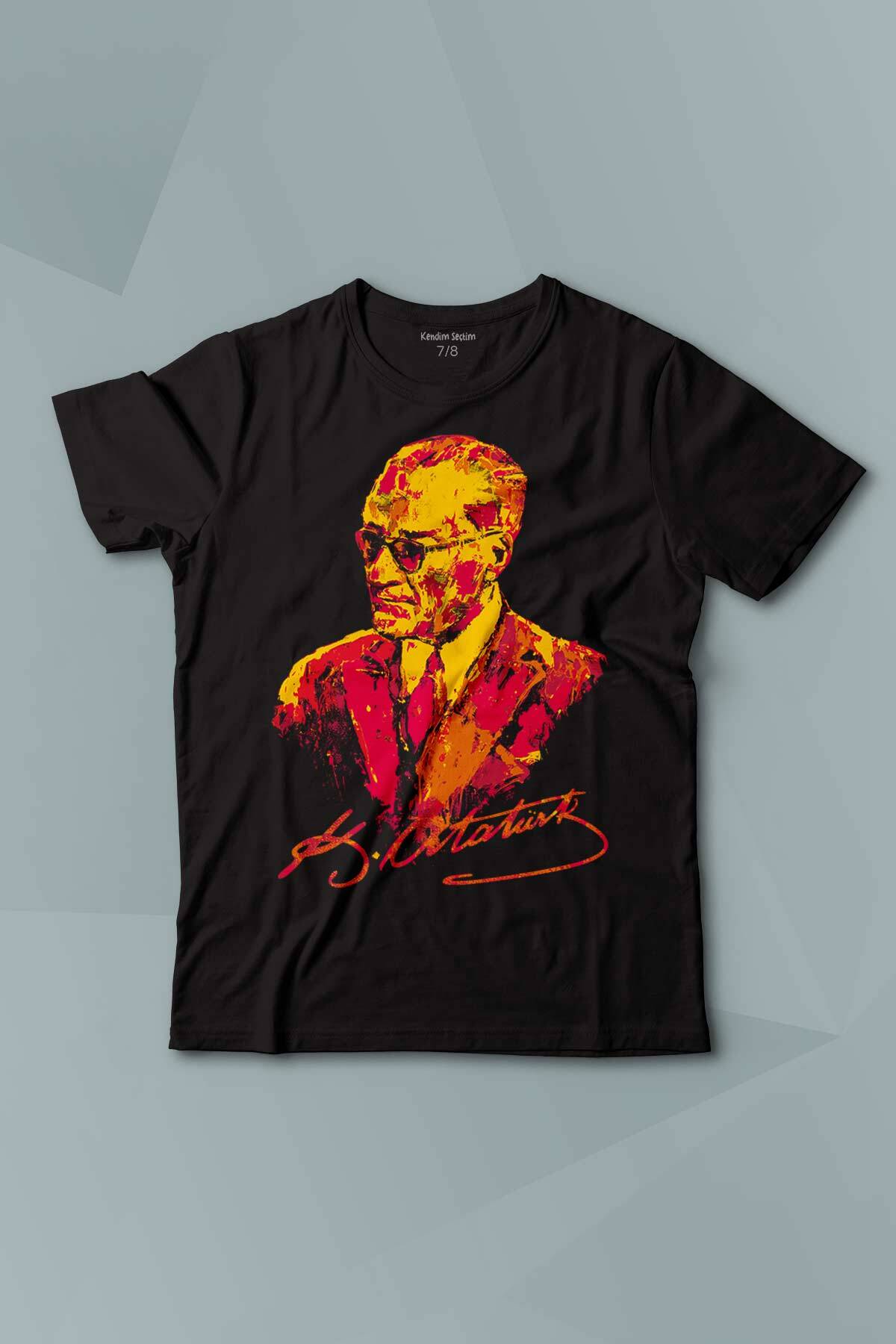 Karizma Gözlüklü Atatürk Sarı Kırmızı Baskılı Çocuk Tişört Kısa Kollu - 1