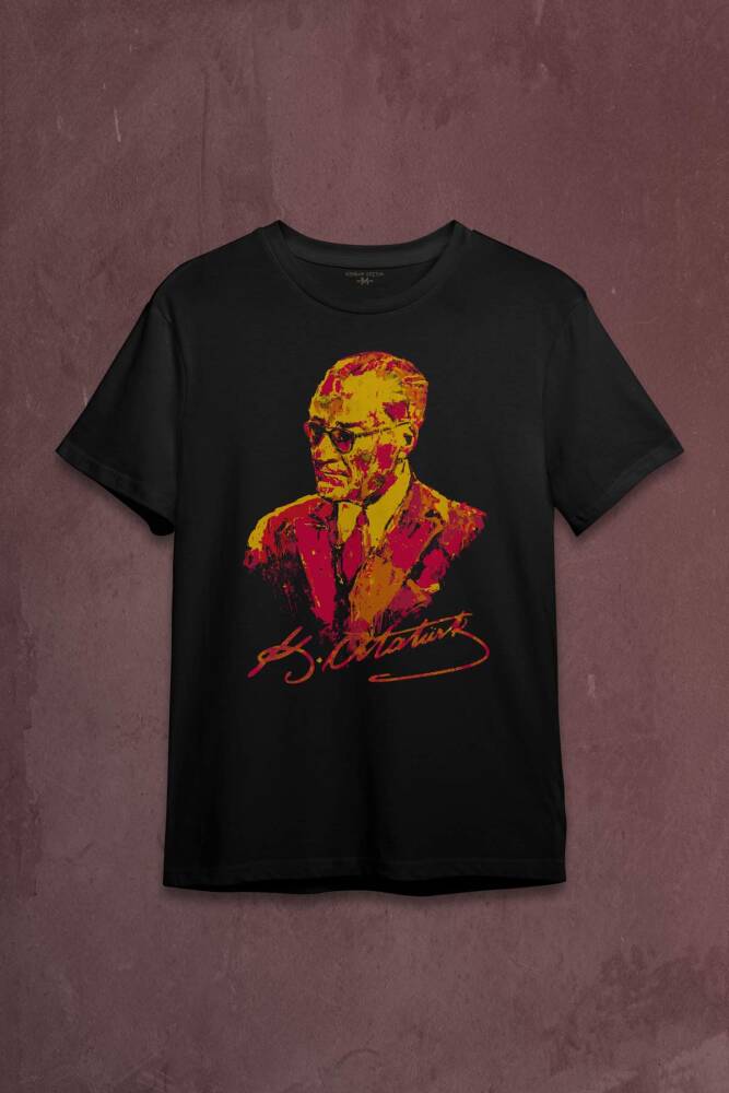 Karizma Gözlüklü Atatürk Sarı Kırmızı Baskılı Tişört Unisex T-shirt