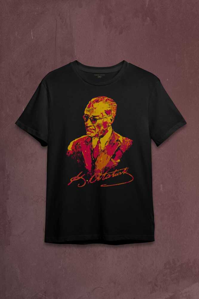 Karizma Gözlüklü Atatürk Sarı Kırmızı Baskılı Tişört Unisex T-shirt - 1