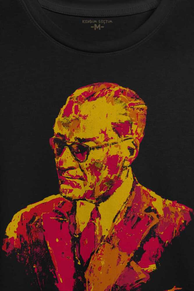 Karizma Gözlüklü Atatürk Sarı Kırmızı Baskılı Tişört Unisex T-shirt (1)