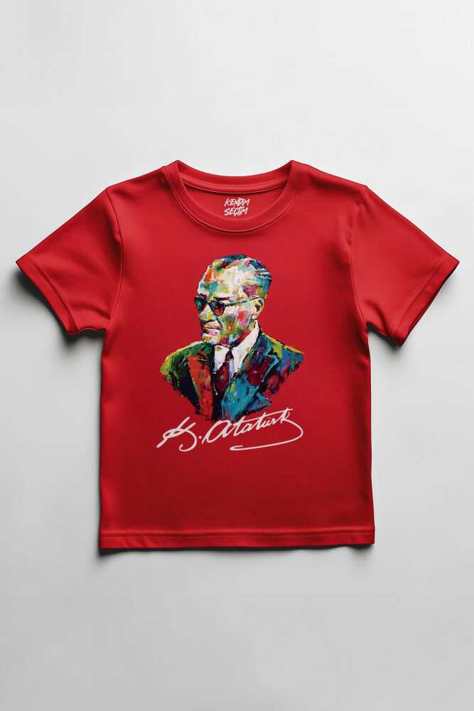 Karizma Gözlüklü Gazi Mustafa Kemal Atatürk Portresi 23 Nisan 19 Mayıs Baskılı Çocuk Tişört - 1