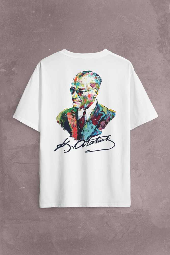 Karizma Gözlüklü Gazi Mustafa Kemal Atatürk Portresi Sırt Ön Baskılı Oversize Tişört Unisex T-Shirt - 1