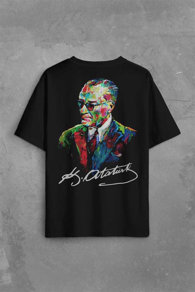 Karizma Gözlüklü Gazi Mustafa Kemal Atatürk Portresi Sırt Ön Baskılı Oversize Tişört Unisex T-Shirt - 1