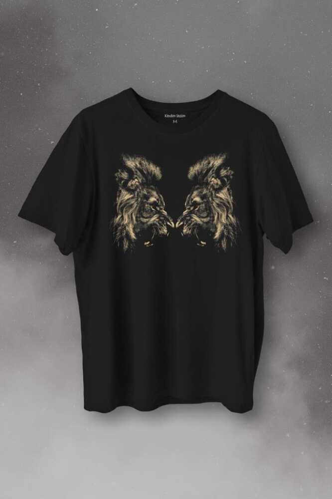 Karşılıklı Kükreyen Aslan Kafaları Lion Head Baskılı Tişört Unisex T-Shirt - 1