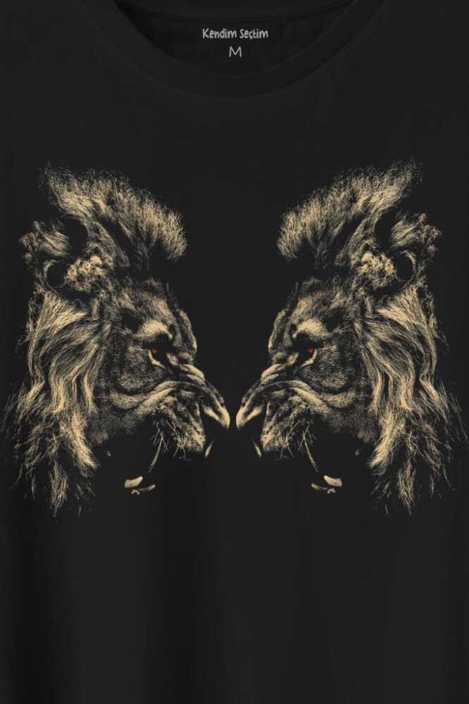 Karşılıklı Kükreyen Aslan Kafaları Lion Head Baskılı Tişört Unisex T-Shirt - 2