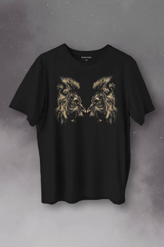 Karşılıklı Kükreyen Aslan Kafaları Lion Head Baskılı Tişört Unisex T-Shirt - 1
