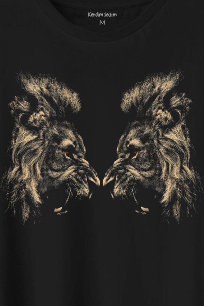 Karşılıklı Kükreyen Aslan Kafaları Lion Head Baskılı Tişört Unisex T-Shirt - 2