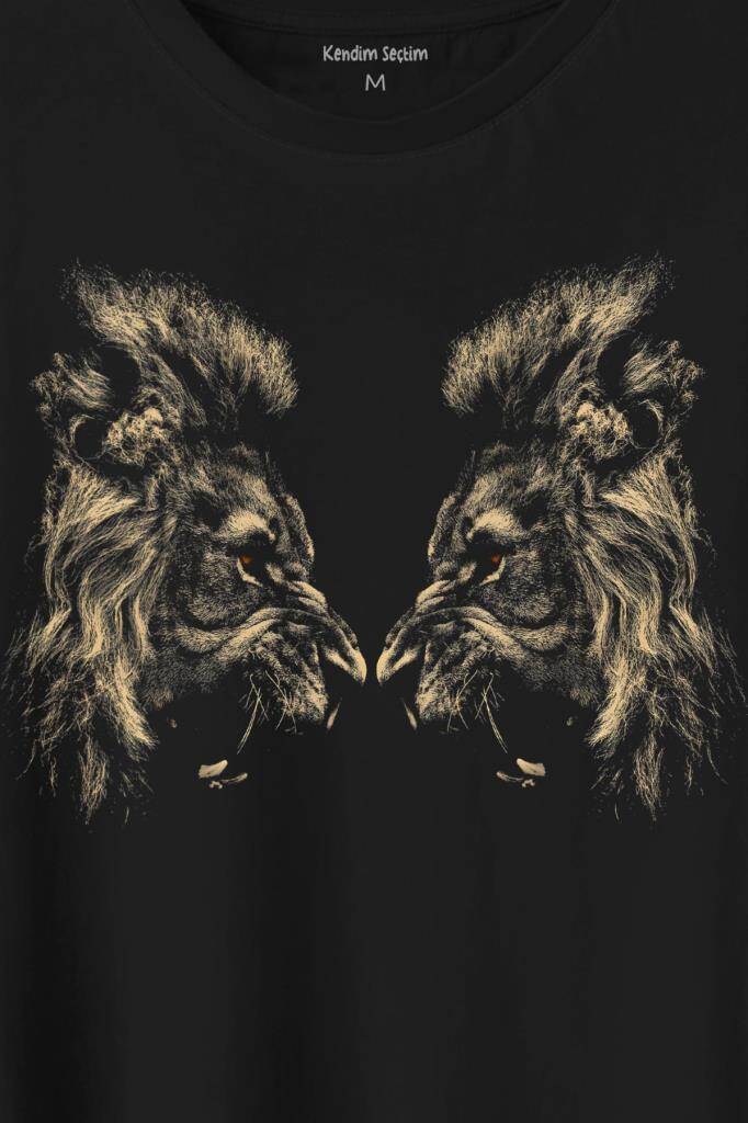 Karşılıklı Kükreyen Aslan Kafaları Lion Head Baskılı Tişört Unisex T-Shirt - 2