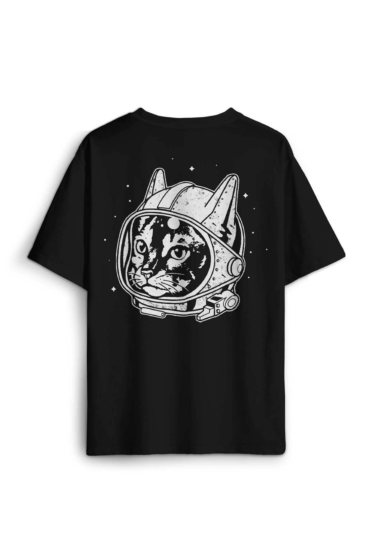 Kedi Kozmonot Astronot Cat NASA Uzay Siyah Unisex Tişört Sırt Ön Baskılı Oversize Tişört - 2
