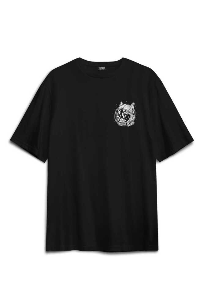 Kedi Kozmonot Astronot Cat NASA Uzay Siyah Unisex Tişört Sırt Ön Baskılı Oversize Tişört