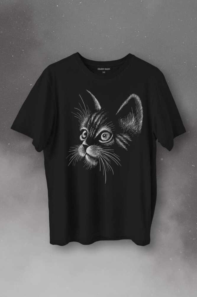 Kedi Silüeti Black Cat Çizim Baskılı Tişört Unisex T-Shirt - 1