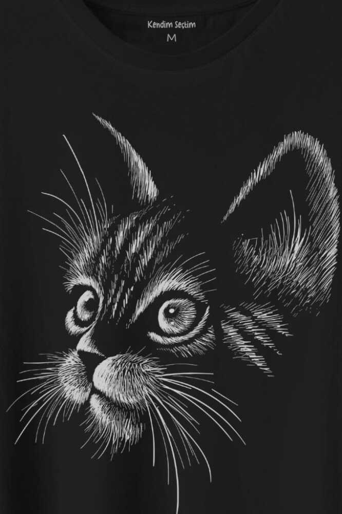 Kedi Silüeti Black Cat Çizim Baskılı Tişört Unisex T-Shirt (1)