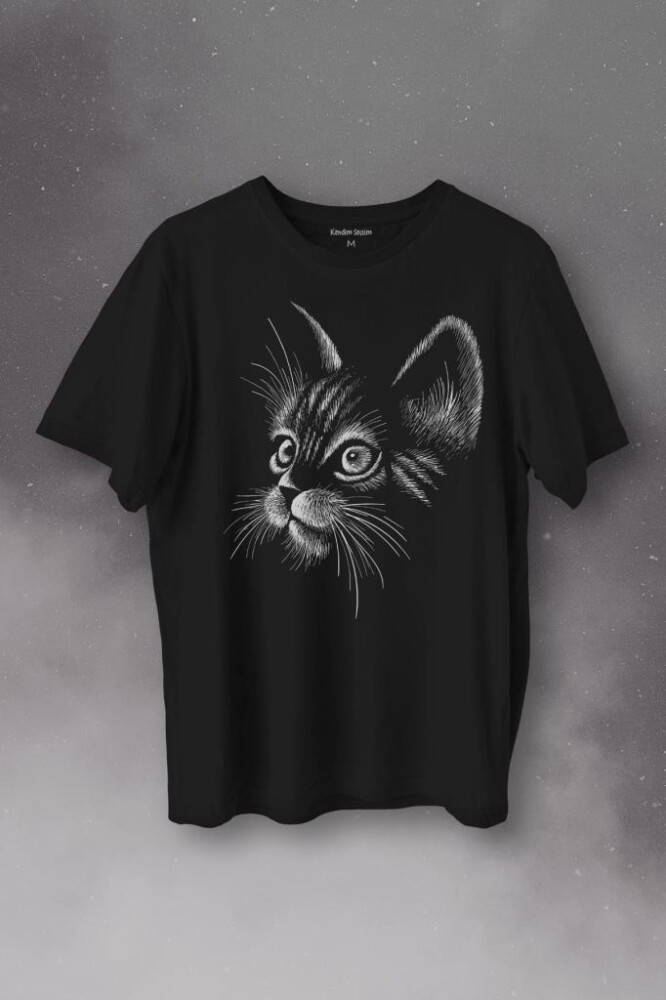 Kedi Silüeti Black Cat Çizim Baskılı Tişört Unisex T-Shirt - 1
