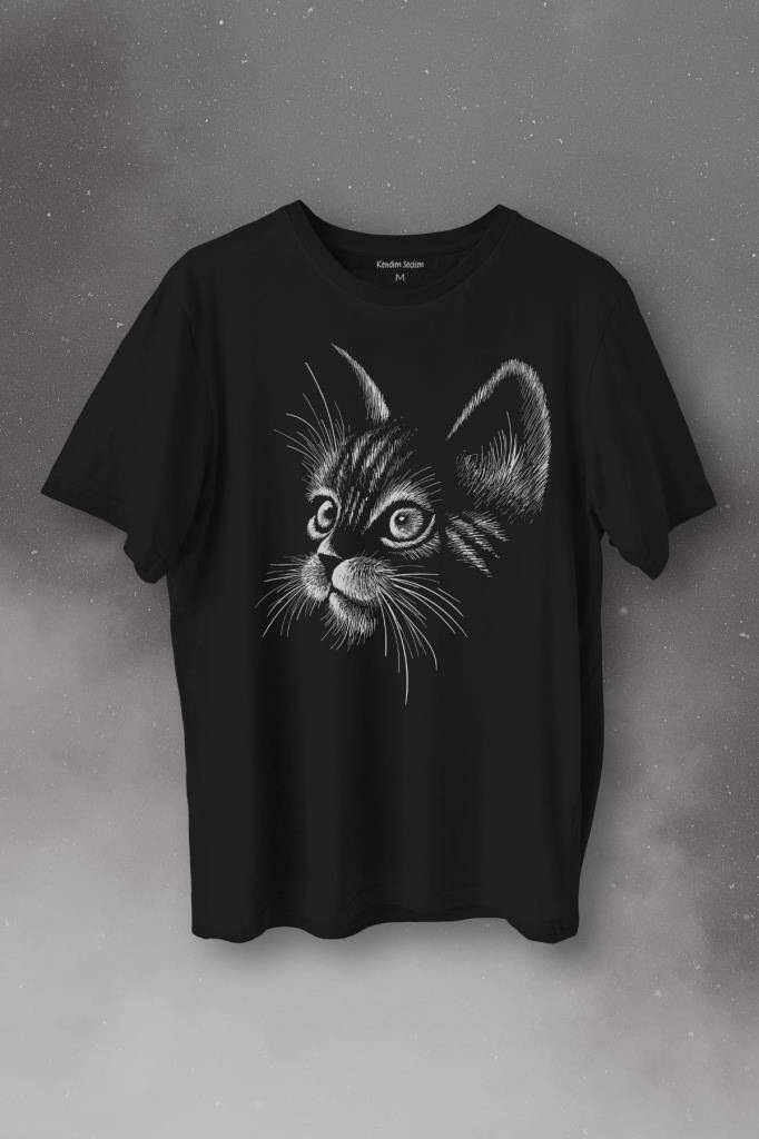 Kedi Silüeti Black Cat Çizim Baskılı Tişört Unisex T-Shirt - 1