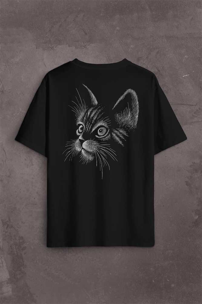 Kedi Silüeti Black Cat Çizim Sırt Ön Baskılı Oversize Tişört Unisex T-Shirt - 1