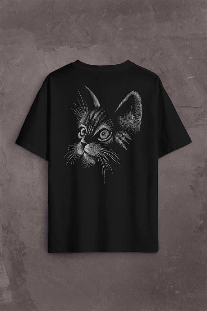 Kedi Silüeti Black Cat Çizim Sırt Ön Baskılı Oversize Tişört Unisex T-Shirt - 1
