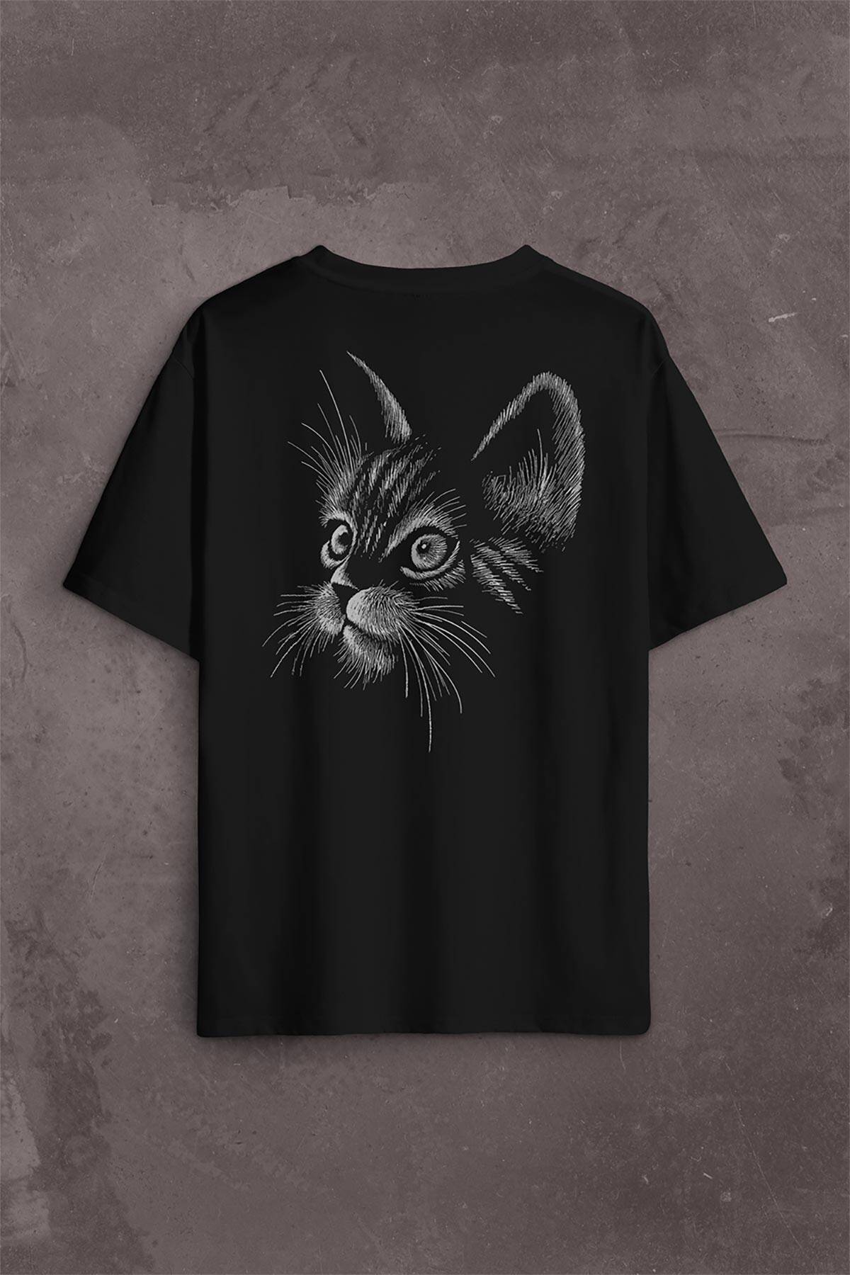 Kedi Silüeti Black Cat Çizim Sırt Ön Baskılı Oversize Tişört Unisex T-Shirt - 1