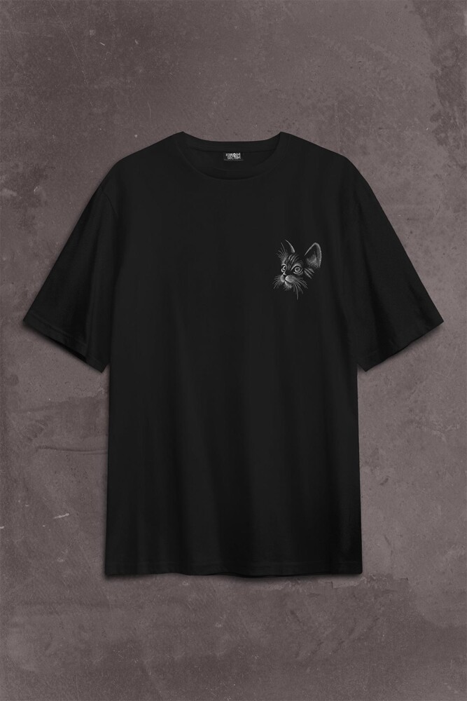 Kedi Silüeti Black Cat Çizim Sırt Ön Baskılı Oversize Tişört Unisex T-Shirt - 2