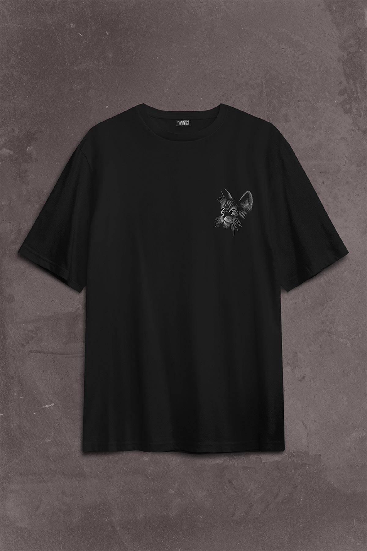 Kedi Silüeti Black Cat Çizim Sırt Ön Baskılı Oversize Tişört Unisex T-Shirt - 2