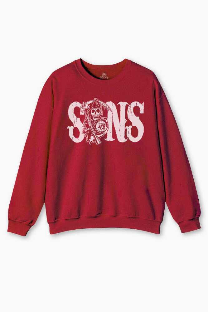 Kırımızı Sweatshirt Sons Of Anarchy Redwood Anarşi Motorsiklet Motor Baskılı Sweat