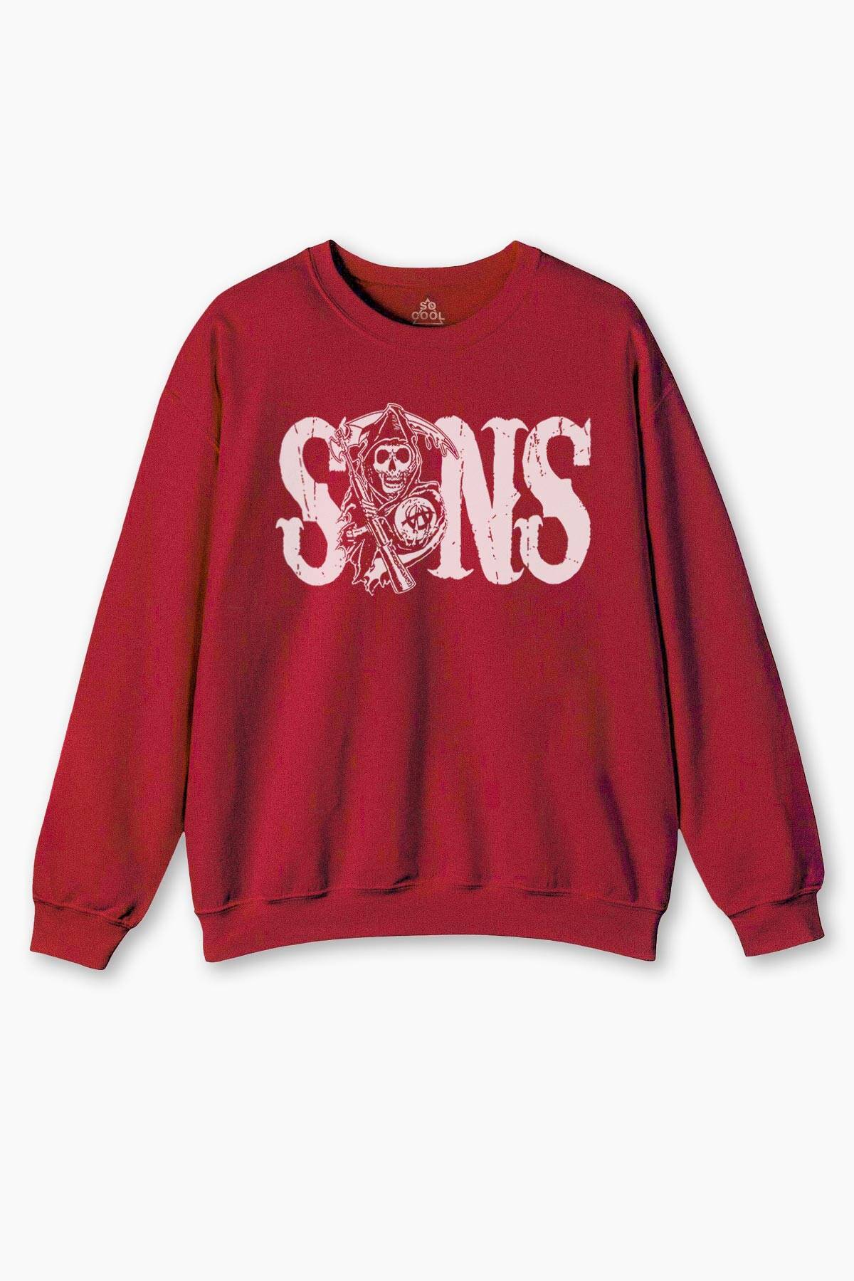 Kırımızı Sweatshirt Sons Of Anarchy Redwood Anarşi Motorsiklet Motor Baskılı Sweat