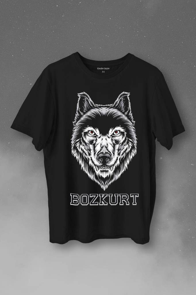 Kırmızı Gözlü Vahşi Kurt Kafası Wolf Head Bozkurt Baskılı Tişört Unisex T-Shirt