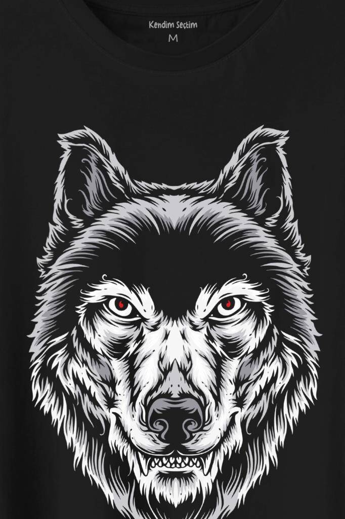 Kırmızı Gözlü Vahşi Kurt Kafası Wolf Head Bozkurt Baskılı Tişört Unisex T-Shirt (1)