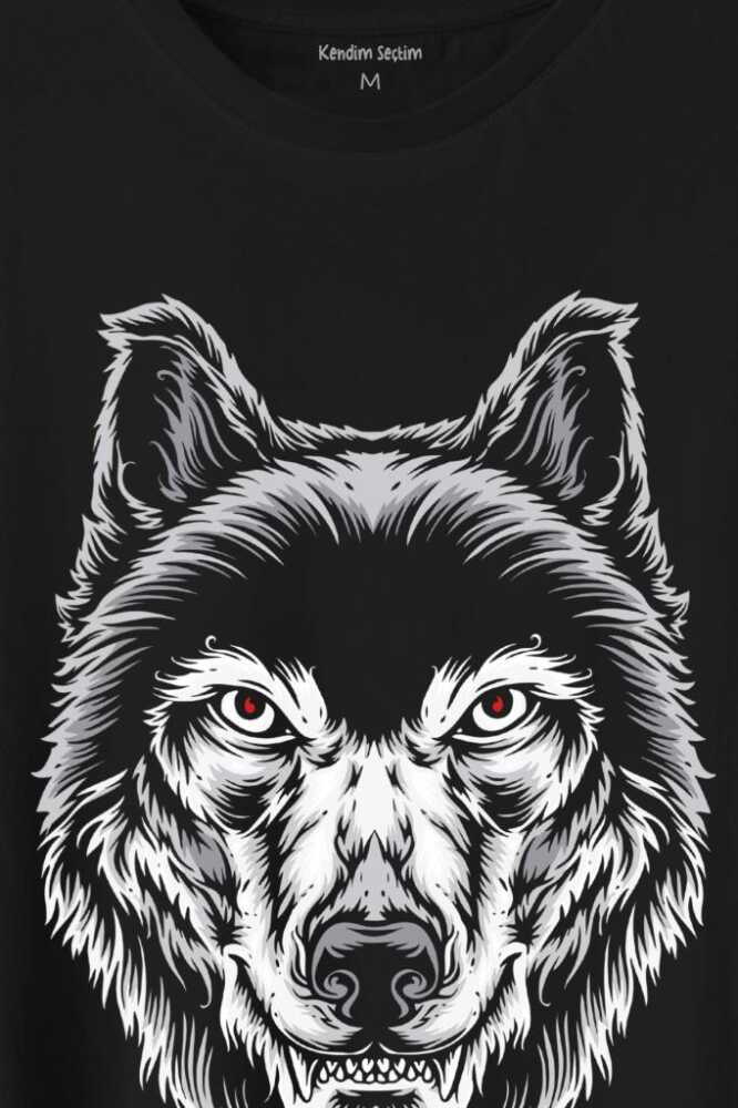 Kırmızı Gözlü Vahşi Kurt Kafası Wolf Head Bozkurt Baskılı Tişört Unisex T-Shirt - 2